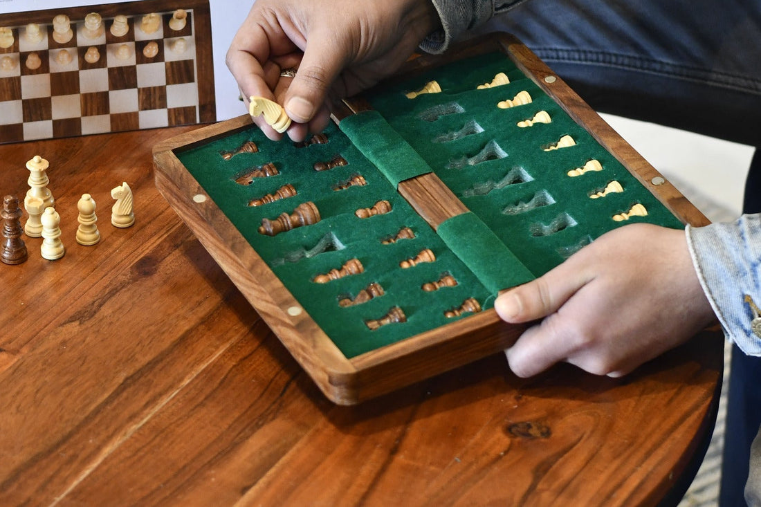 10″ Travel Folding Magnetic Chess Set – Sheesham & Maple Wood