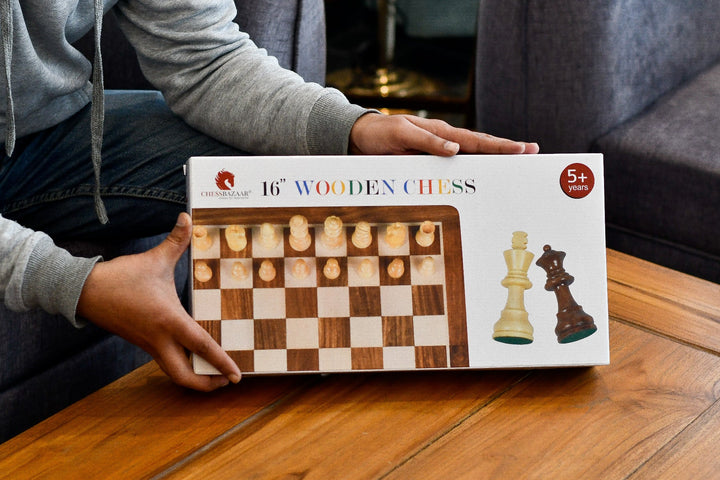16″ Travel Folding Wooden Chess Set – Sheesham & Maple Board