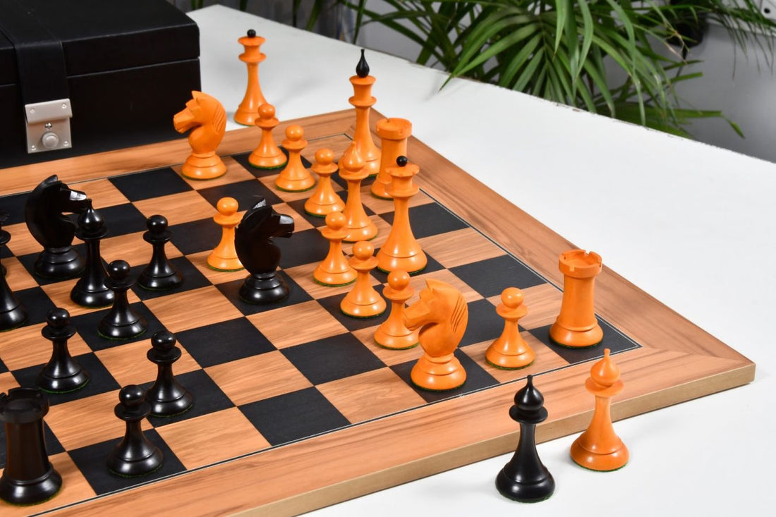 1950s Soviet Latvian Chess Set – 4.1'' King, Ebonized & Antiqued Box
