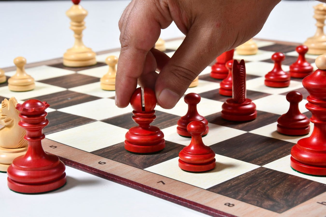 1930 Knubbel Analysis Chess Set – 3'' King, Crimson & Boxwood, Folding Board Included