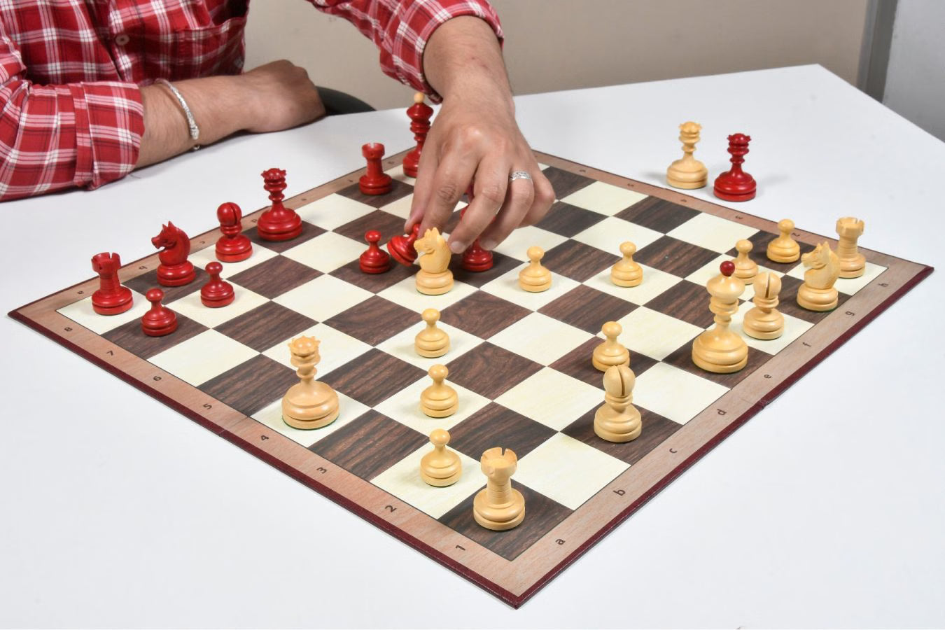 1930 Knubbel Analysis Chess Set – 3'' King, Crimson & Boxwood, Folding Board Included